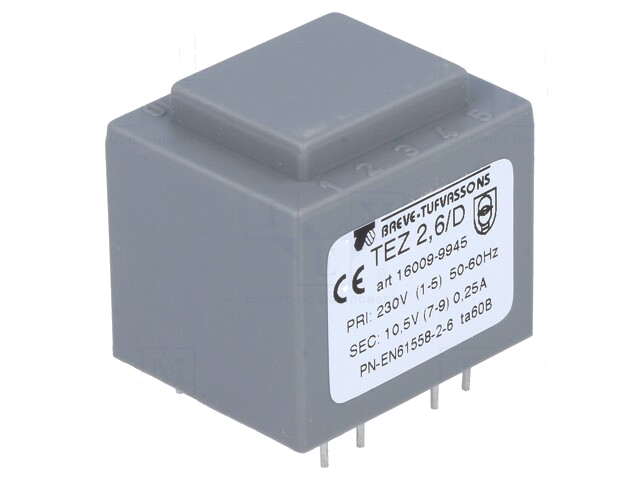Transformator: ingegoten; 2,5VA; 230VAC; 10,5V; 238mA; PCB; IP00 Transformator: ingegoten; 2,5VA; 230VAC; 10,5V; 238mA; PCB; IP00